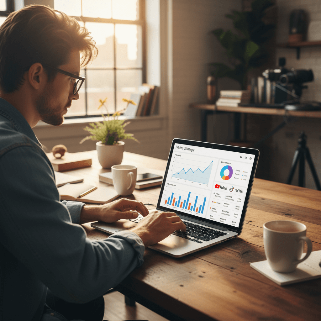 Creator reviewing pricing strategy on laptop with financial charts and social media analytics