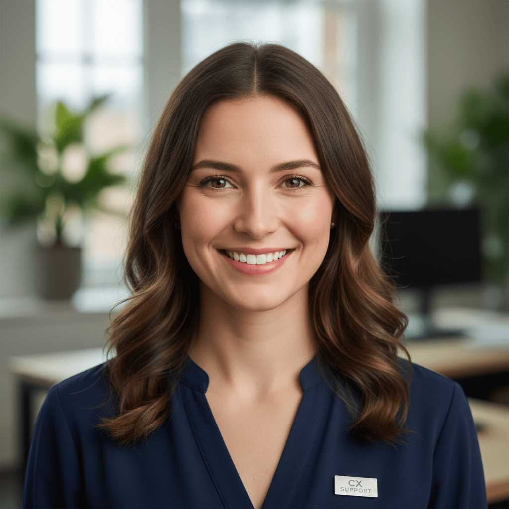 Friendly support team member smiling while working on a computer helping platform users
