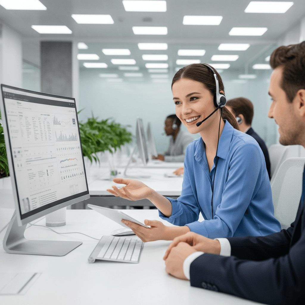 Customer support team member wearing headset helping users at a modern help desk