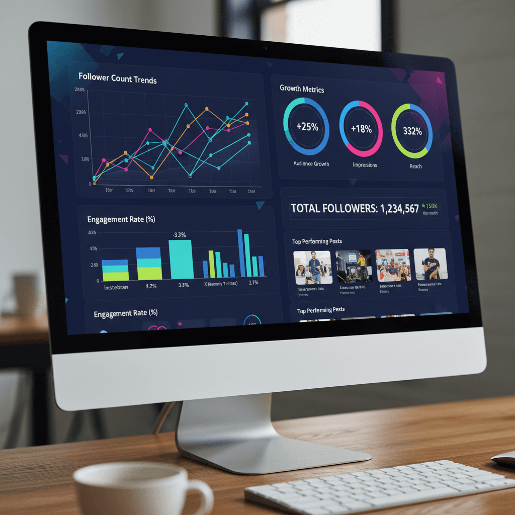 Analytics dashboard showing social media engagement metrics and performance charts