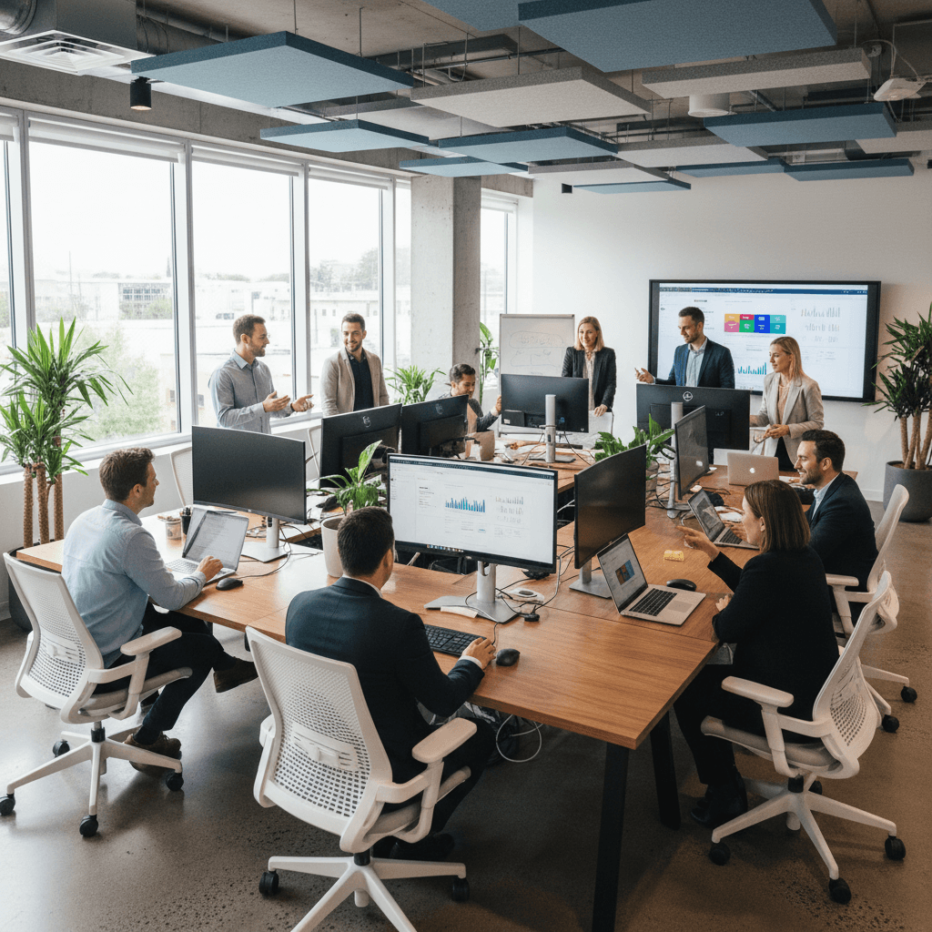 ViralBridge team collaborating in a modern open office workspace