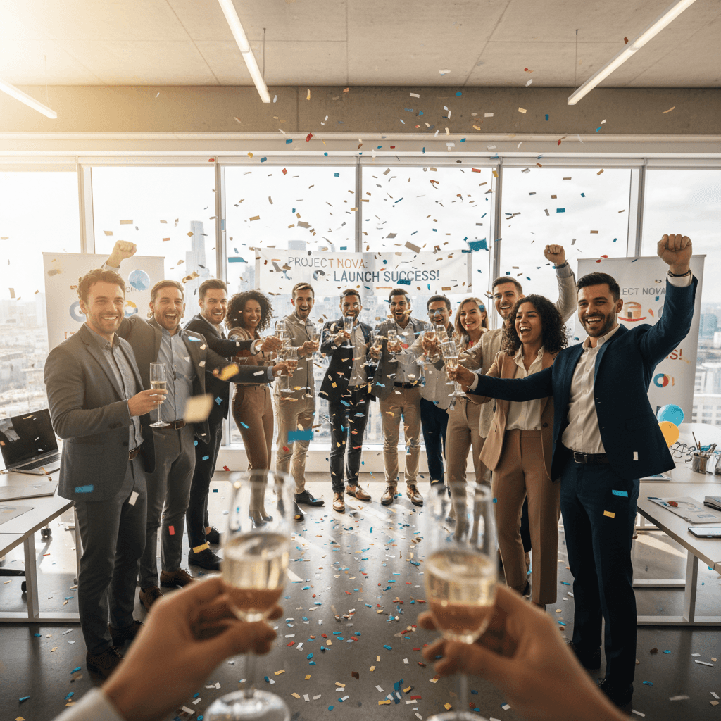 Team members laughing and celebrating a product milestone together