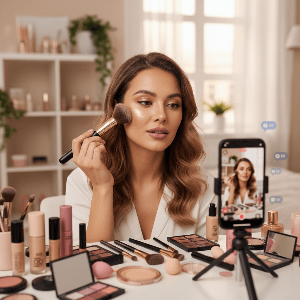 Beauty and lifestyle content creator applying makeup while filming a tutorial for brand collaboration