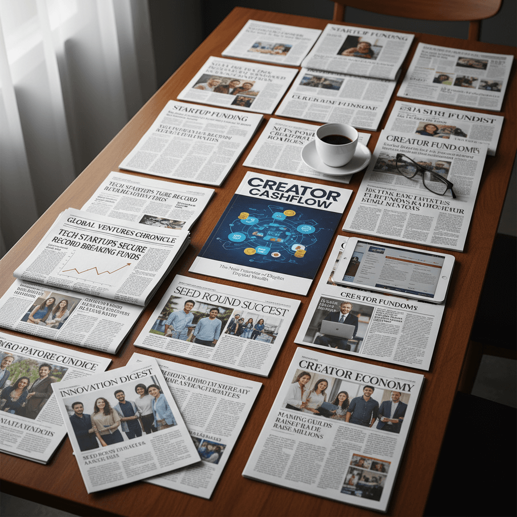 Newspaper and magazine coverage spread showing media articles about startup funding and creator economy