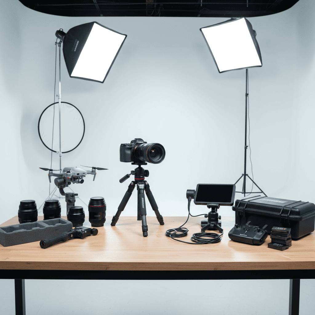 Creator filming a product review video with professional lighting and camera setup
