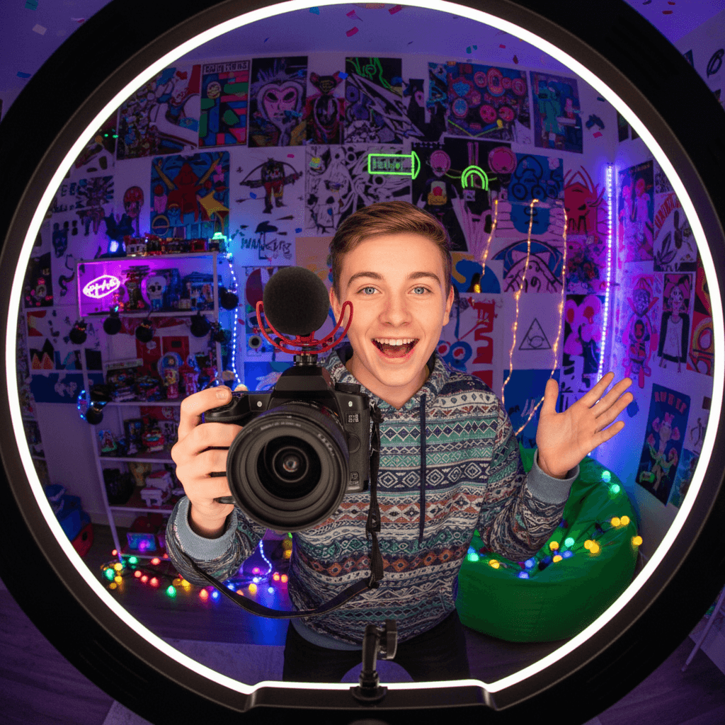 Content creator filming a lifestyle video with professional camera and ring light in a stylish home studio
