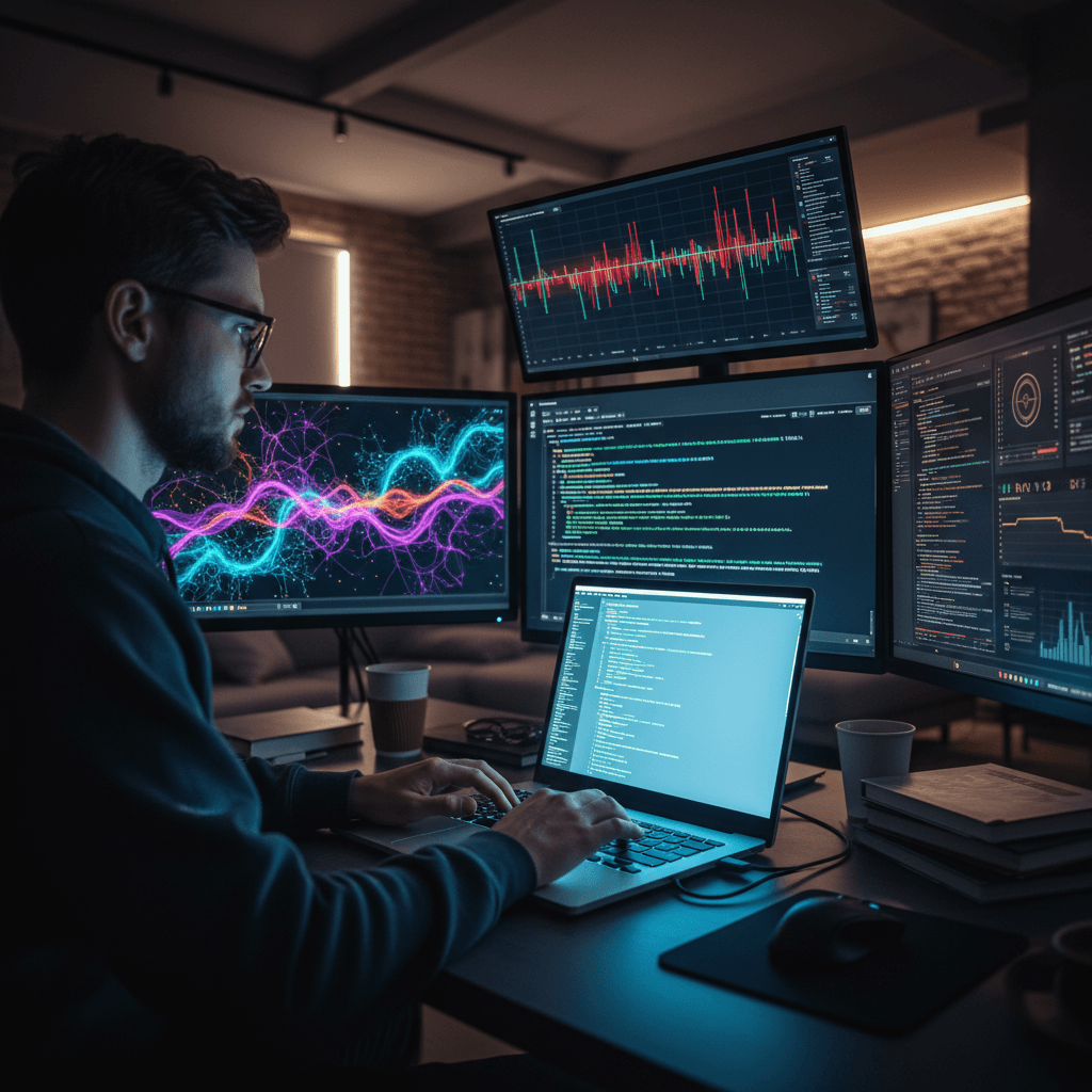 Developer working on laptop with multiple screens showing code and dashboards