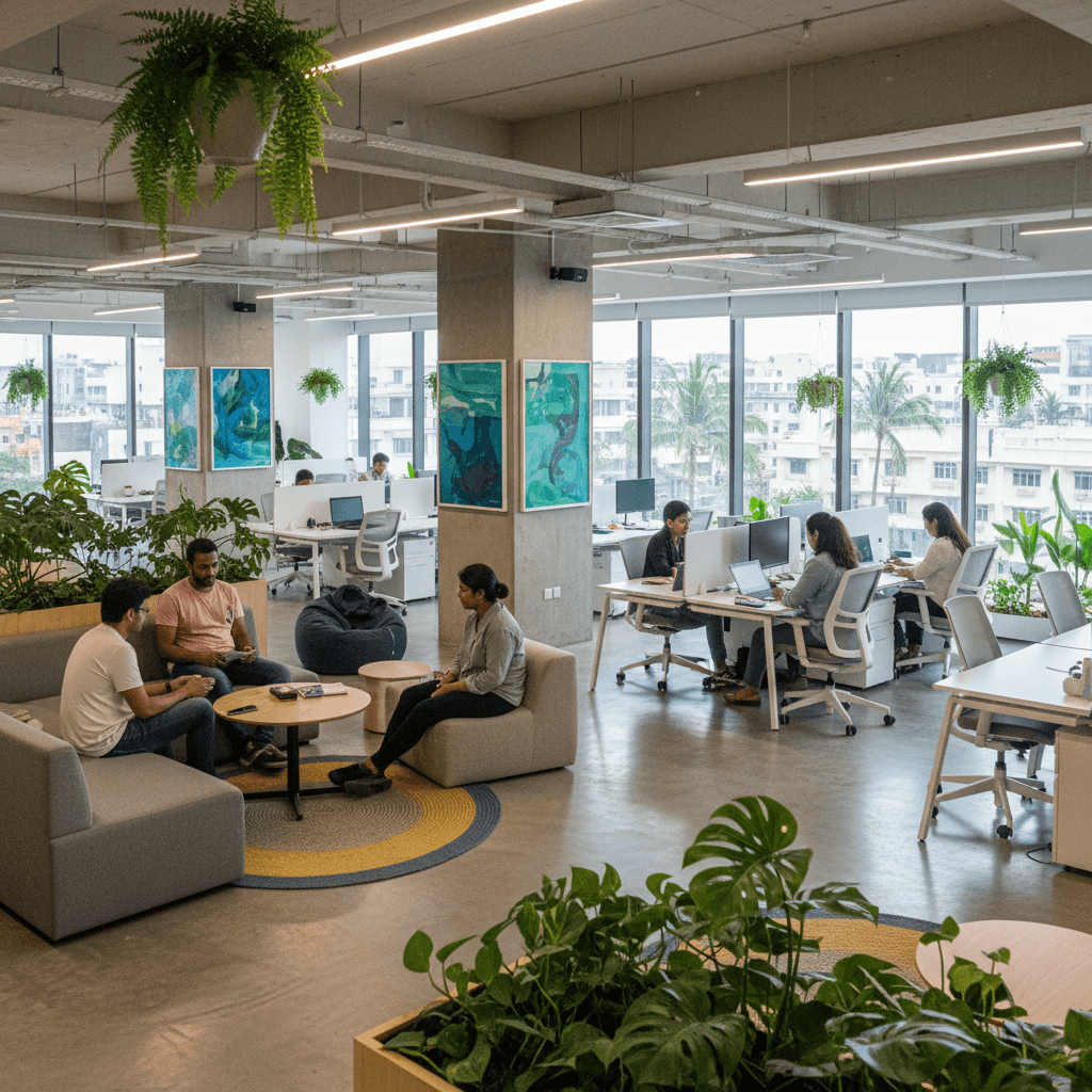 ViralBridge Bengaluru office interior with open workspace, plants, and collaborative seating areas
