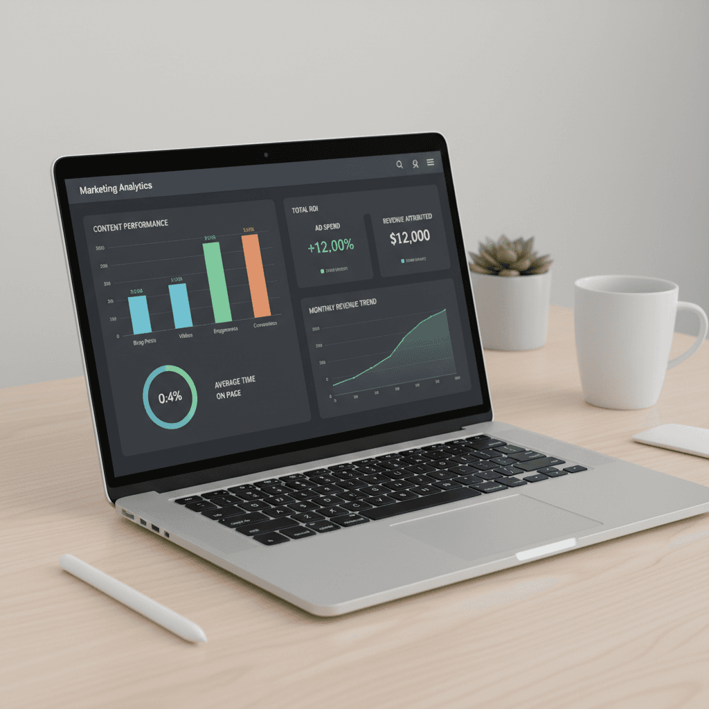Data analytics dashboard showing campaign performance metrics, engagement rates, and ROI charts