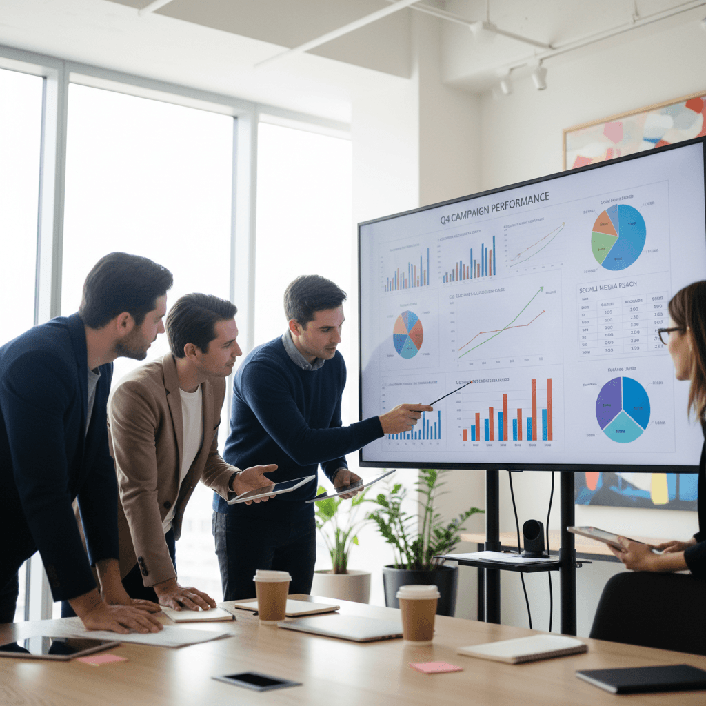Brand marketing team reviewing influencer campaign analytics on large screen in a modern office