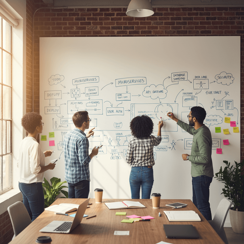 ViralBridge founding team gathered around a whiteboard planning the platform roadmap