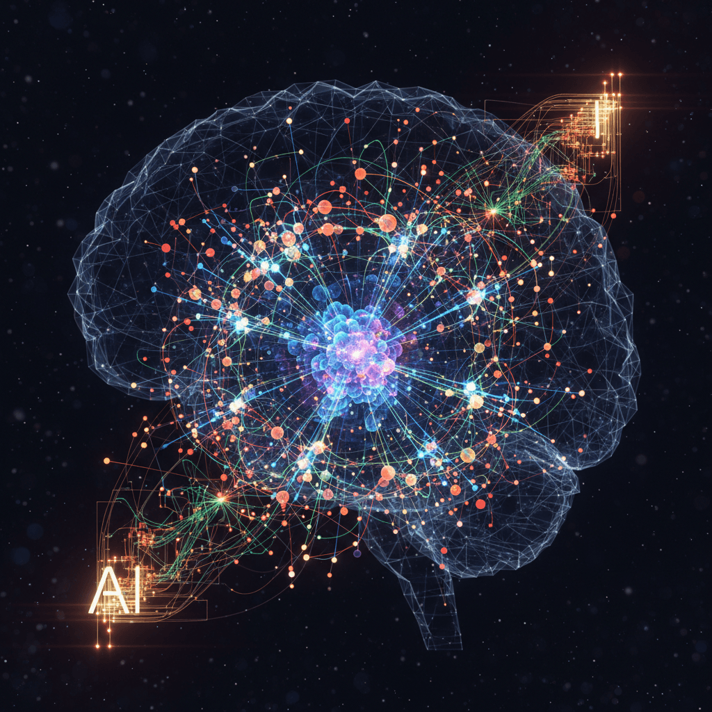 Abstract visualization of AI neural network connections representing creator-brand matching algorithms